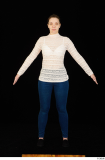  Ellie Springlare black sneakers blue jeans dressed long sleeve shirt pink turtleneck standing whole body 0009.jpg